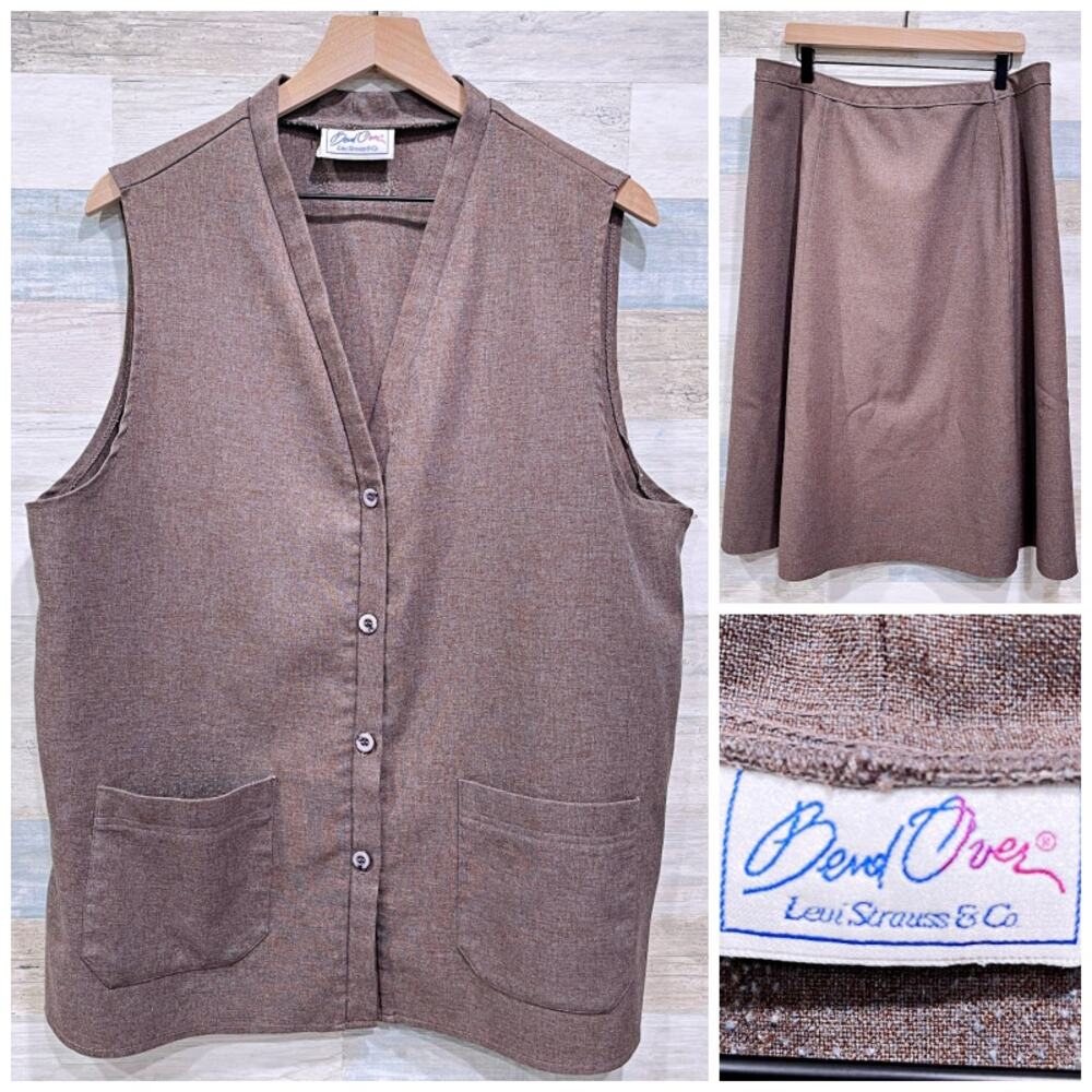 Bend Over Levi Strauss Vintage 70s Vest Skirt Suit Brown Made in USA Womens